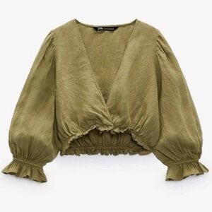 Zara Olive Green Linen V-Neck Puff Sleeve Crop Blouse - Size M